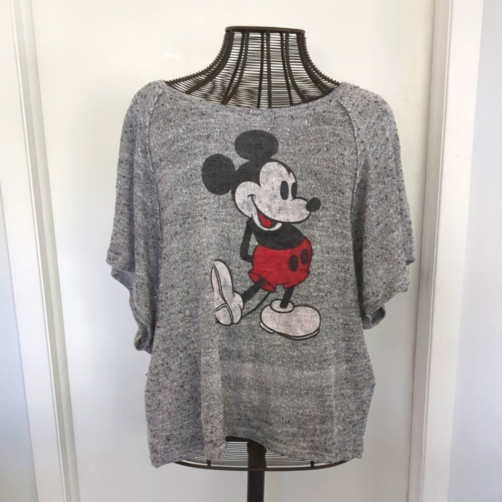 Disney Gray Mickey Mouse Short Sleeve Round Neck Loose Fit Top Blouse Size 1X